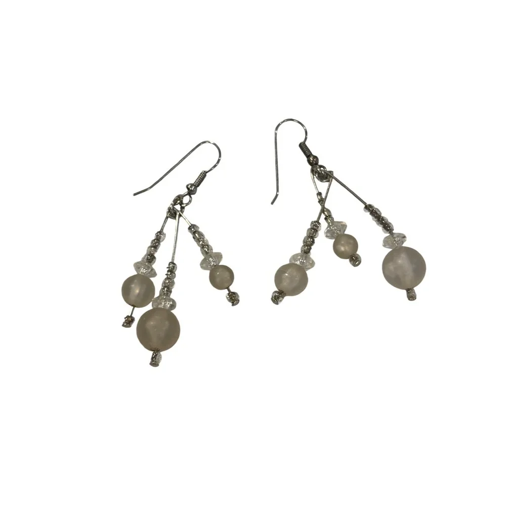 Dangle Earrings Frosted Glass White‎ Silver Tiered Drop